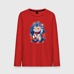 Мужской лонгслив Манеки Неко, белая кошка удачи с цветами