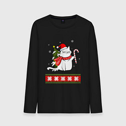 Лонгслив хлопковый мужской New year cat with candy, цвет: черный