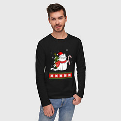 Лонгслив хлопковый мужской New year cat with candy, цвет: черный — фото 2