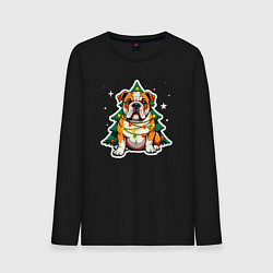 Мужской лонгслив Новогодний бульдог запутался в гирлянде