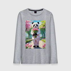 Лонгслив хлопковый мужской Панда с букетом тюльпанов, цвет: меланж