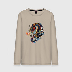 Лонгслив хлопковый мужской Japanese dragon - engraving, цвет: миндальный