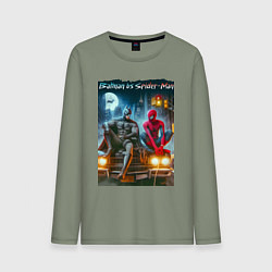 Мужской лонгслив Разговор Бэтмена и человека паука на капоте автомо