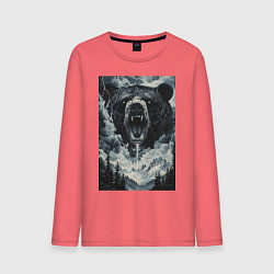 Лонгслив хлопковый мужской Медведь с оскаленной пастью, цвет: коралловый