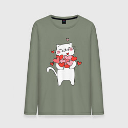 Мужской лонгслив Белый кот с охапкой сердец