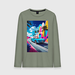 Лонгслив хлопковый мужской Кабриолет едет по тропическому острову, цвет: авокадо