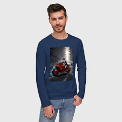 Лонгслив хлопковый мужской Shiroko лиса на футуристичном мотоцикле, цвет: тёмно-синий — фото 2