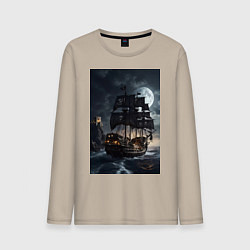 Лонгслив хлопковый мужской Пиратский корабль в шторм, цвет: миндальный