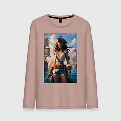 Лонгслив хлопковый мужской Пиратка на фона флотилии кораблей, цвет: пыльно-розовый