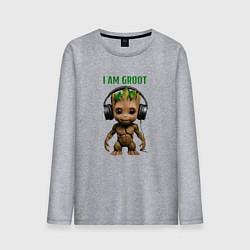 Лонгслив хлопковый мужской Малыш Грут в наушниках, цвет: меланж