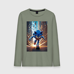 Лонгслив хлопковый мужской Соник убегает от летящих ракет, цвет: авокадо
