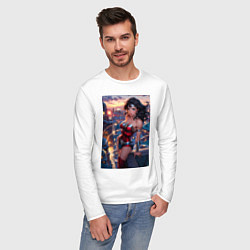 Лонгслив хлопковый мужской Чудо-женщина с городским фоном в стиле комиксов, цвет: белый — фото 2