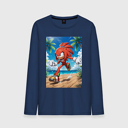 Лонгслив хлопковый мужской Ехидна Наклз бежит по пляжу с пальмами, цвет: тёмно-синий