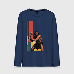 Лонгслив хлопковый мужской Поп-арт неандерталец, цвет: тёмно-синий