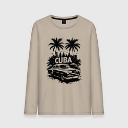 Лонгслив хлопковый мужской Ретро-Куба пальмы и автомобиль, цвет: миндальный