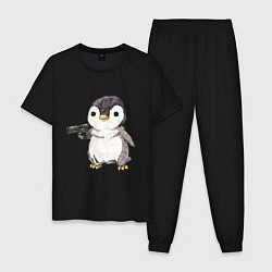 Пижама хлопковая мужская Пингвин с пистолетом, цвет: черный