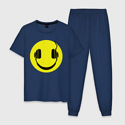 Пижама хлопковая мужская Смайлик-наушники, цвет: тёмно-синий