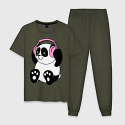 Пижама хлопковая мужская Panda in headphones панда в наушниках, цвет: меланж-хаки