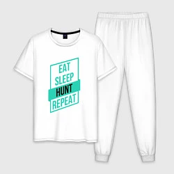 Пижама хлопковая мужская Eat, Sleep, Hunt, Repeat, цвет: белый