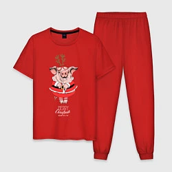 Пижама хлопковая мужская Свинка Санта, цвет: красный