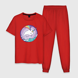 Пижама хлопковая мужская Нарвал-единорог, цвет: красный