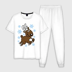Пижама хлопковая мужская Олень и снежинки, цвет: белый