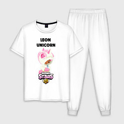 Пижама хлопковая мужская BRAWL STARS LEON UNICORN, цвет: белый