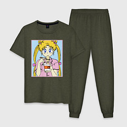 Пижама хлопковая мужская Sailor Moon Usagi Tsukino, цвет: меланж-хаки