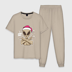 Пижама хлопковая мужская Alien Santa, цвет: миндальный