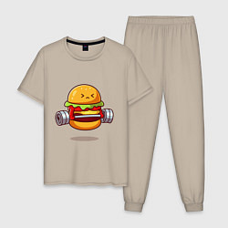 Пижама хлопковая мужская Бургер на спорте, цвет: миндальный