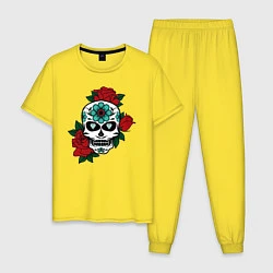 Пижама хлопковая мужская Череп и розы, цвет: желтый