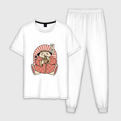 Пижама хлопковая мужская Толстый аниме кот ест рамен, цвет: белый