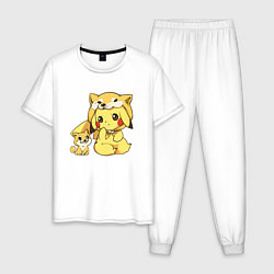 Пижама хлопковая мужская Пикачу с собачкой, цвет: белый