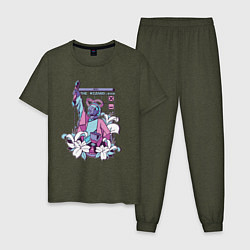 Пижама хлопковая мужская Vaporwave Pixel Wizard Flowers цвета меланж-хаки — фото 1
