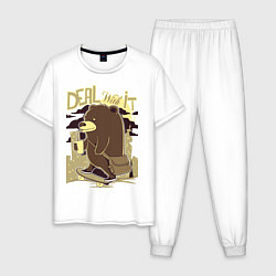 Пижама хлопковая мужская Медведь на скейтборде, цвет: белый