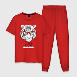Пижама хлопковая мужская Белый тигр в красных очках, цвет: красный