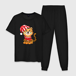 Пижама хлопковая мужская Тигренок в шапке и в шарфе, цвет: черный