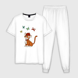 Пижама хлопковая мужская Тигр и бабочки 2022 Новый год, цвет: белый