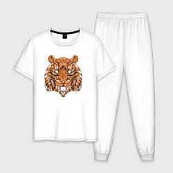 Пижама хлопковая мужская Голова тигра в геометрии, цвет: белый