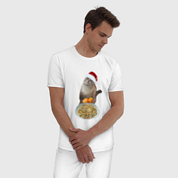 Пижама хлопковая мужская Новогодний кот и оливье, цвет: белый — фото 2