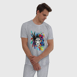 Пижама хлопковая мужская Лев в цветах и перьях, цвет: меланж — фото 2