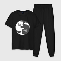 Пижама хлопковая мужская Коты инь янь 01, цвет: черный