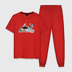 Пижама хлопковая мужская Домики зимой, цвет: красный