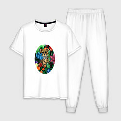 Пижама хлопковая мужская Гепард в сад с тропическими цветами, цвет: белый