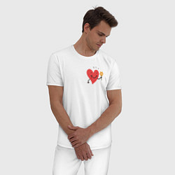 Пижама хлопковая мужская Пара сердечек с цветком, цвет: белый — фото 2