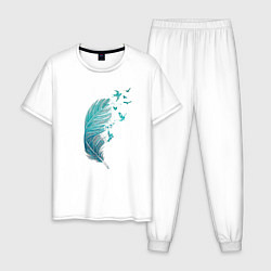 Пижама хлопковая мужская Перья и птицы, цвет: белый