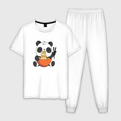 Пижама хлопковая мужская Cute Panda Eating Ramen, цвет: белый