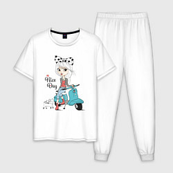Пижама хлопковая мужская Девчонка на скутере с котом, цвет: белый