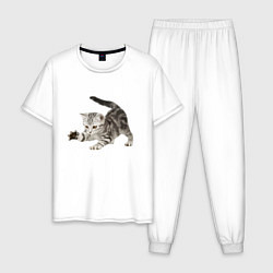 Пижама хлопковая мужская Шустрый прикольный котёнок, цвет: белый