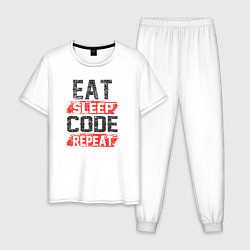 Пижама хлопковая мужская EAT SLEEP CODE REPEAT, цвет: белый